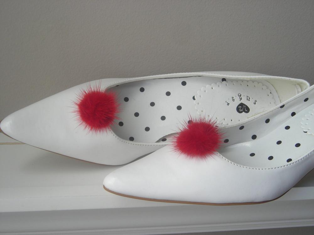 Genuine Mink Fur Ball Shoe Clips in Red