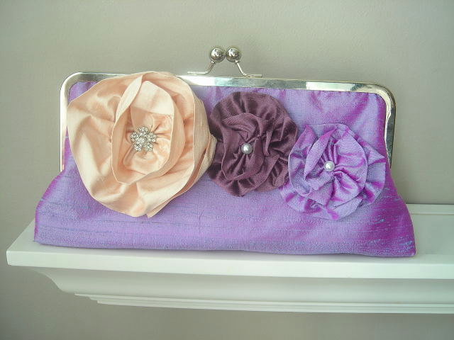 Jessica Modern Dupioni Silk Bridal Clutch with Flower Accents - Made to Order and Customizable in the Colors of your Choice