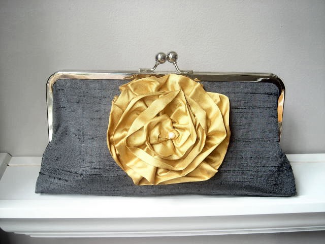 Yvonne Modern Bridal Dupioni Silk Clutch with Silk Flower Accent - Customizable in the Color of your Choice