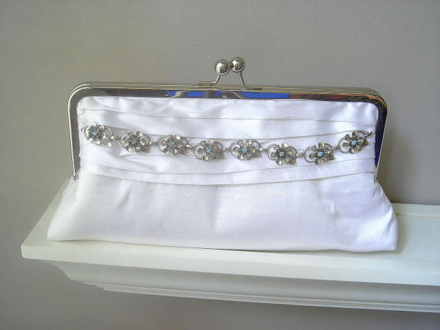 Vanessa Dupioni Silk Bridal Clutch in White with Vintage Rhinestone Jewelry - Ready to Ship