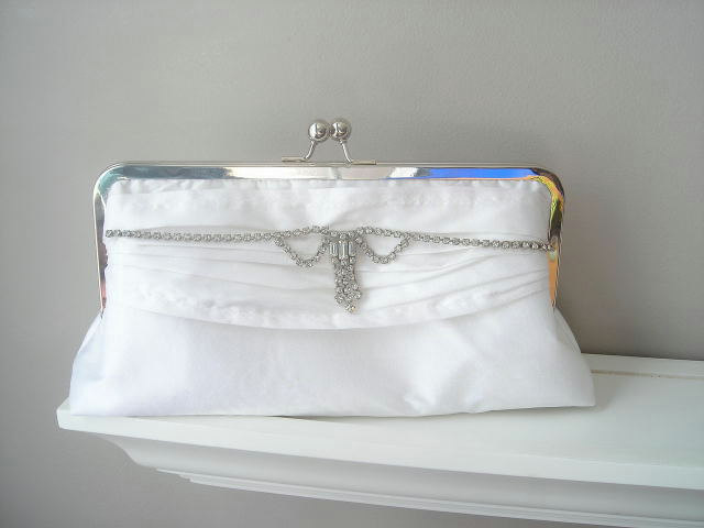 Bridal Clutch - Vanessa Dupioni Silk Bridal Clutch in White with Vintage Rhinestone Jewelry Ready to Ship