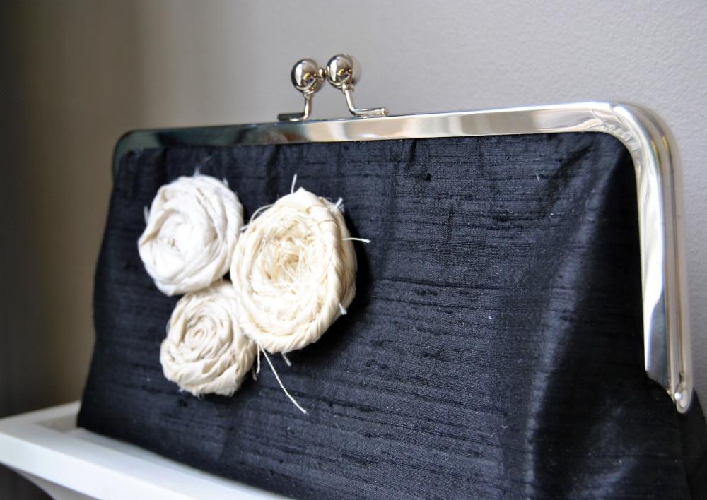Isabella Modern Bridal Dupioni Silk Clutch with Rolled Rose Flower Accent - Customizable in the Color of your Choice