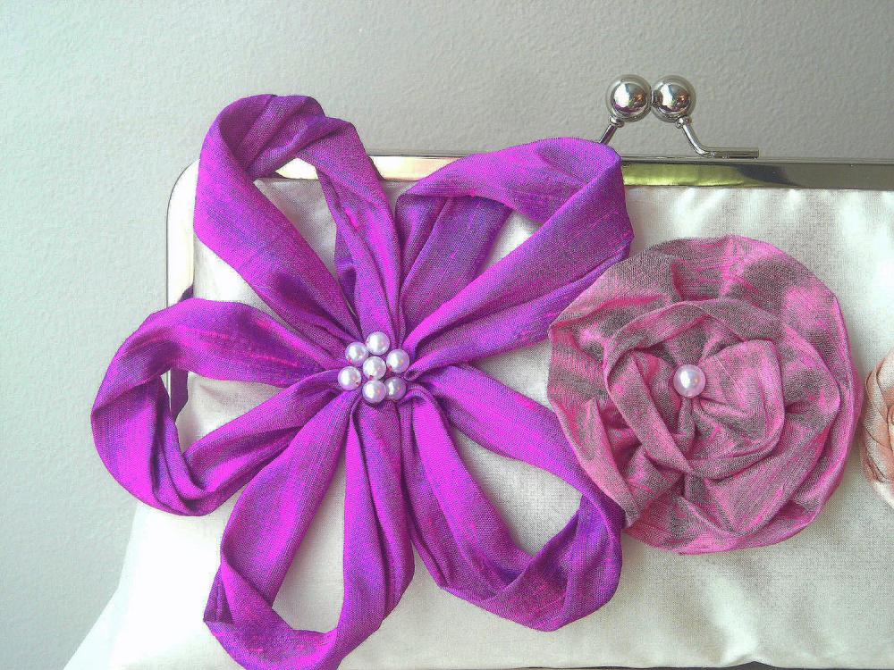 Rebecca Modern Bridal Dupioni Silk Clutch with Flower Accents - Customizable in the Colors of your Choice