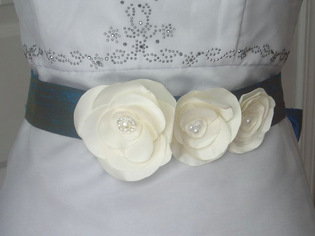 Dupioni Silk Bridal Sash in London Blue with 3 Removable Ivory Fabric Flowers