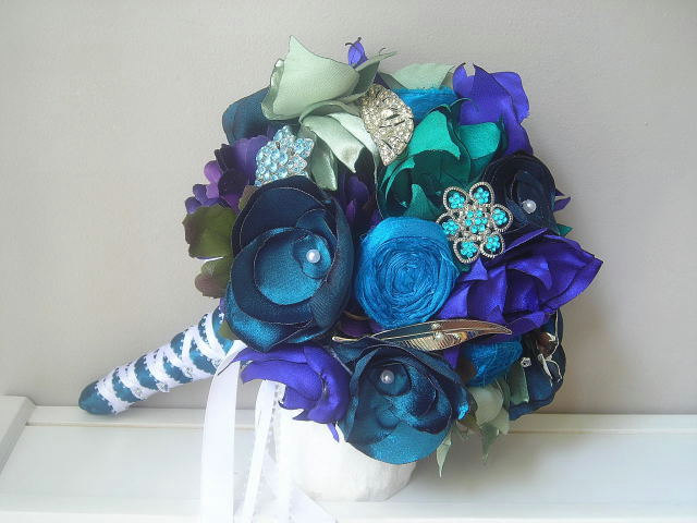 Bridal Vintage Brooch and Fabric Flower Bouquet in Peacock Blues and Greens - Made to Order