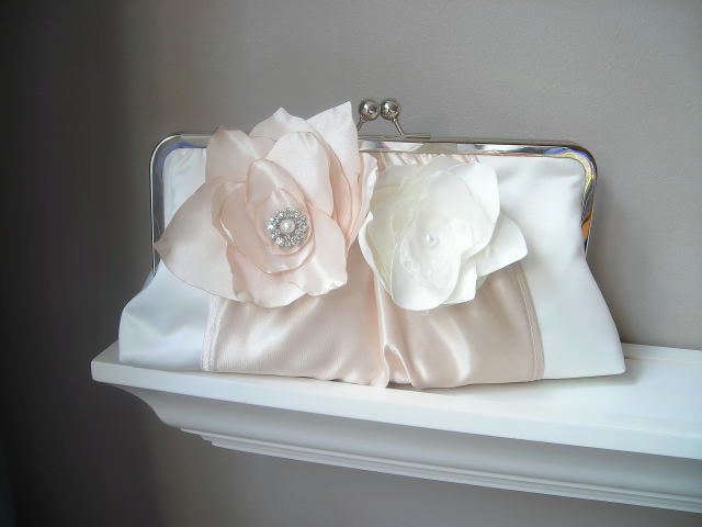 Princess - Satin Bridal Clutch with Fabric Flowers and Rhinestones - Made to order and Customizable in your own Wedding Colors