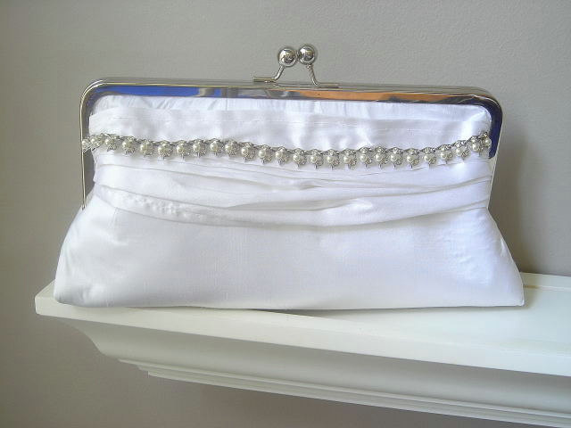 Wedding Clutch - Vanessa Dupioni Silk Bridal Clutch in White with Vintage Rhinestone Jewelry - Ready to Ship