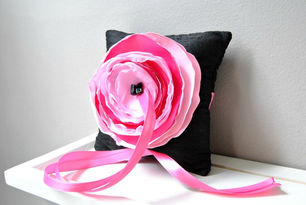 Black Dupioni Silk Ring Bearer's Pillow with Pink and Fuchsia Accent Flower - Ready to Ship
