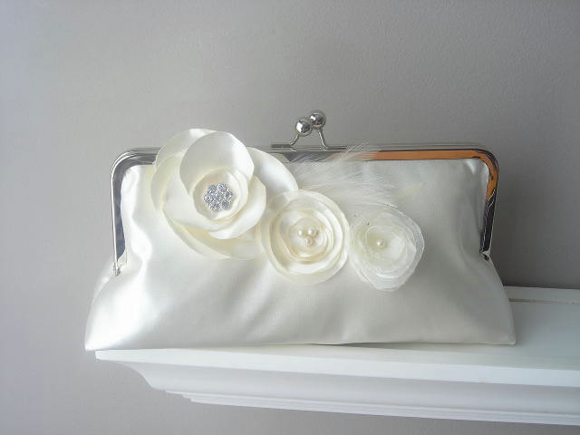 Princess - Ivory Satin Bridal Clutch with Fabric Flowers and Rhinestones and Feathers - Made to Order