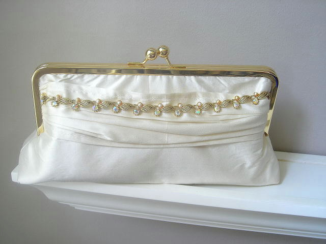 Vanessa Dupioni Silk Bridal Clutch in Ivory with Vintage Rhinestone Jewelry - Ready to Ship