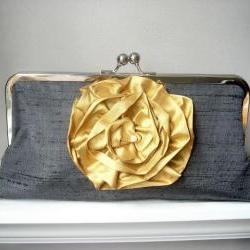 Yvonne Modern Bridal Dupioni Silk Clutch with Silk Flower Accent - Customizable in the Color of your Choice