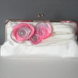 Princess - Satin Bridal Clutch with Fabric Flowers and Rhinestones - Made to order and Customizable in your own Wedding Colors