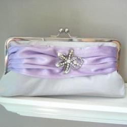 Modern Satin Clutch in Silver and Lilac with Vintage Rhinestone Brooch - Ready to Ship