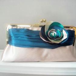Modern Bride - Peacock Satin Bridal Clutch - Made to Order -Customized in your own Wedding Colors