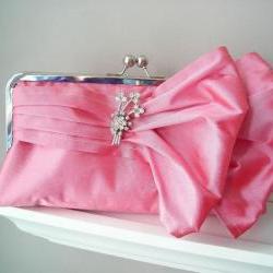 Jasmine Bridal Double-Bow Clutch in Watermelon Dupioni Silk with Vintage Brooch READY TO SHIP