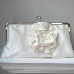 Yvonne Modern Bridal Dupioni Silk Clutch in Ivory with Silk Flower Accent - Made to order and Customizable in the Color of your Choice
