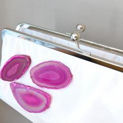 NEW Agate Bride in Fuchsia - Ready to Ship White Satin Bridal Clutch with Fuchsia Agate Slices