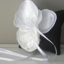 Small Black Dupioni Silk Ring Bearer's Pillow with White and Off White Accent Flowers - Ready to Ship