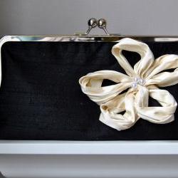 Bianca Modern Bridal Dupioni Silk Clutch with Dahlia Flower Accent - Customizable in the Color of your Choice
