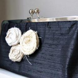 Isabella Modern Bridal Dupioni Silk Clutch with Rolled Rose Flower Accent - Customizable in the Color of your Choice