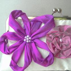 Rebecca Modern Bridal Dupioni Silk Clutch with Flower Accents - Customizable in the Colors of your Choice