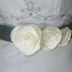 Dupioni Silk Bridal Sash in London Blue with 3 Removable Ivory Fabric Flowers