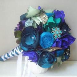 Bridal Vintage Brooch and Fabric Flower Bouquet in Peacock Blues and Greens - Made to Order