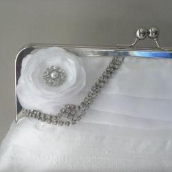 Rhinestone Dupioni Silk Bridal Clutch in White with Vintage Rhinestone READY TO SHIP