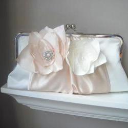 Princess - Satin Bridal Clutch with Fabric Flowers and Rhinestones - Made to order and Customizable in your own Wedding Colors