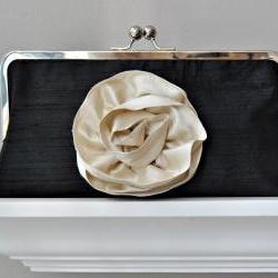 Yvonne Modern Bridal Dupioni Silk Clutch with Silk Flower Accent - Customizable in the Color of your Choice