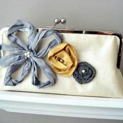 Rebecca Modern Bridal Dupioni Silk Clutch with Flower Accents - Customizable in the Colors of your Choice