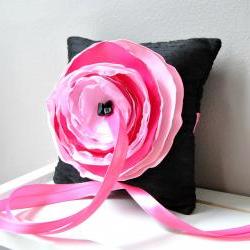Black Dupioni Silk Ring Bearer's Pillow with Pink and Fuchsia Accent Flower - Ready to Ship