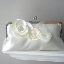 Princess - Ivory Satin Bridal Clutch with Fabric Flowers and Rhinestones and Feathers - Made to Order